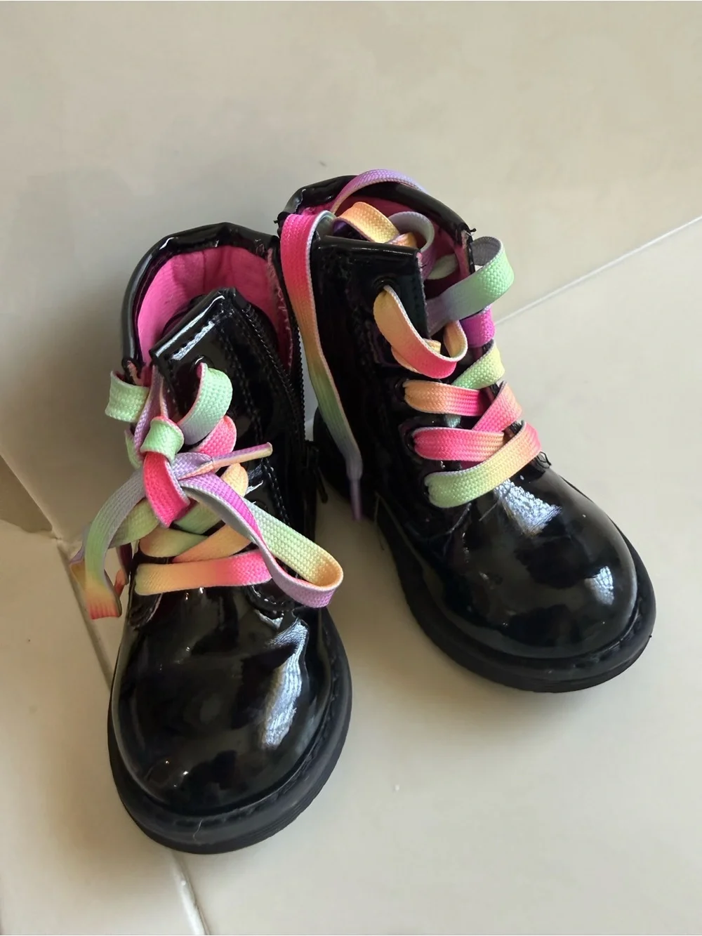 The Children's Place Black Patent Boots with Rainbow Ombre Laces